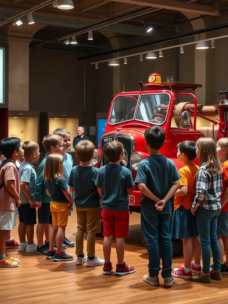 A group of children gathered around a vintage fire truck at the MUSEE DES SAPEURS POMPIERS DE COTE D'OR, listening attentively to a guide dressed in period firefighter attire.