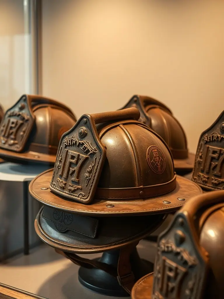 A collection of antique firefighting helmets, each bearing the marks of its wearer and the battles they faced, displayed in a glass case with historical context.