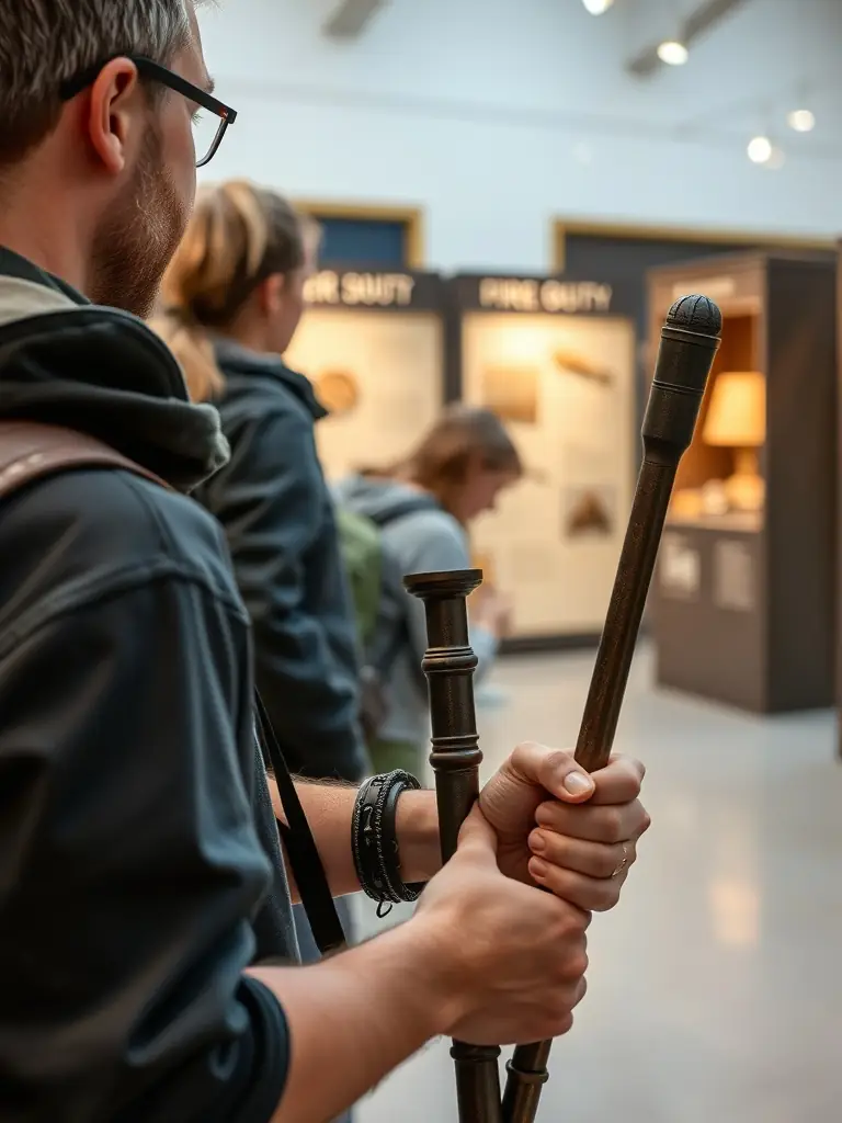 A close-up shot of a MUSEE DES SAPEURS POMPIERS DE COTE D'OR visitor participating in a hands-on demonstration of early firefighting tools.