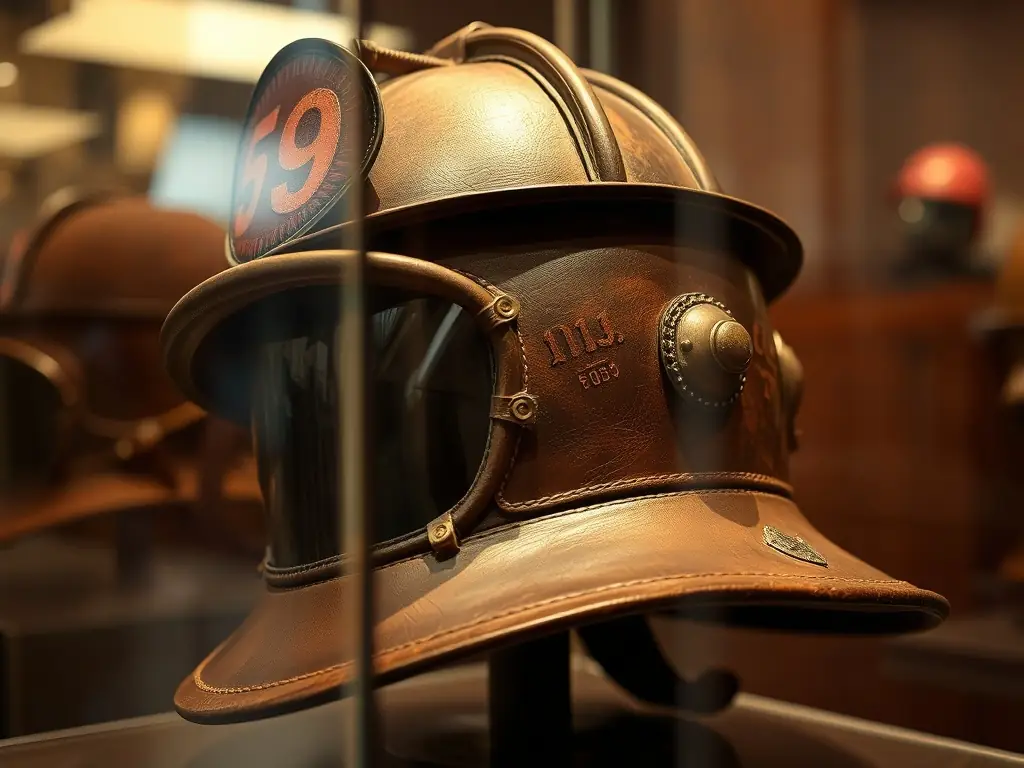 A detailed photograph of a vintage firefighter helmet from the early 20th century, showcasing its leather construction and brass fittings, displayed in a glass case within the museum.