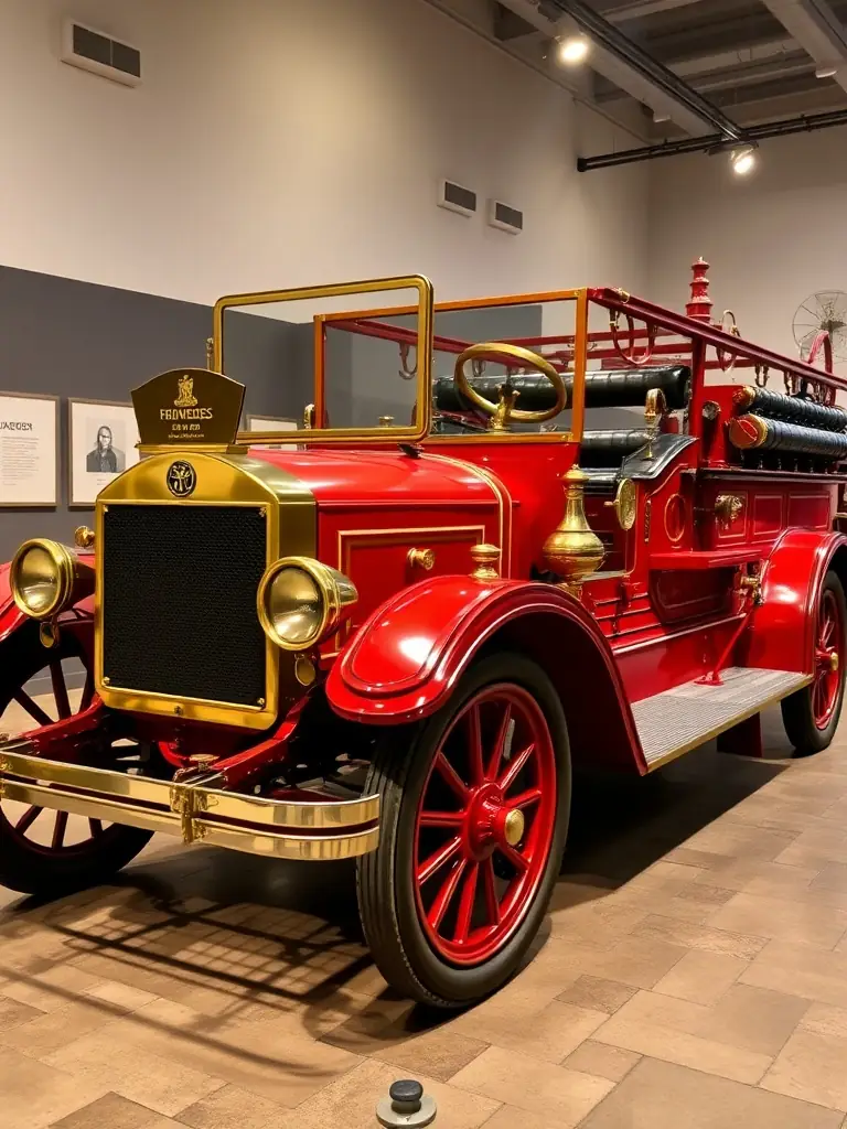 A vintage fire engine from the early 20th century, meticulously restored and displayed in the museum's main hall, showcasing its original brass fittings and wooden wheels.