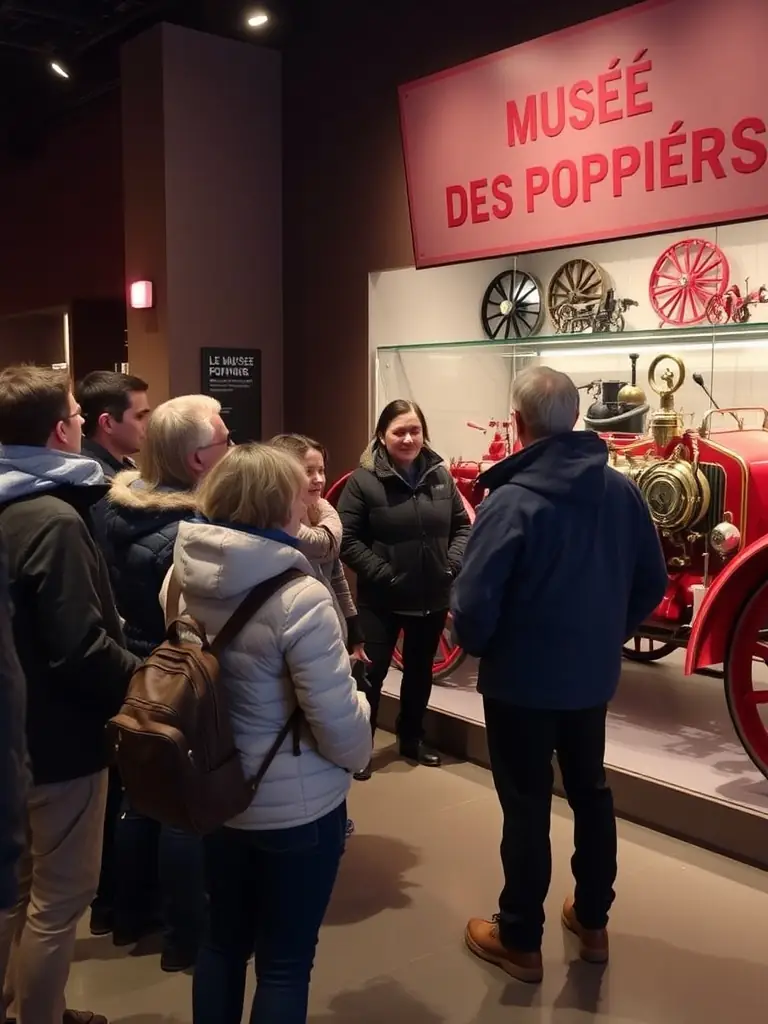 A photograph of a MUSEE DES SAPEURS POMPIERS DE COTE D'OR docent leading a guided tour through the museum, explaining the function of an antique fire hose.