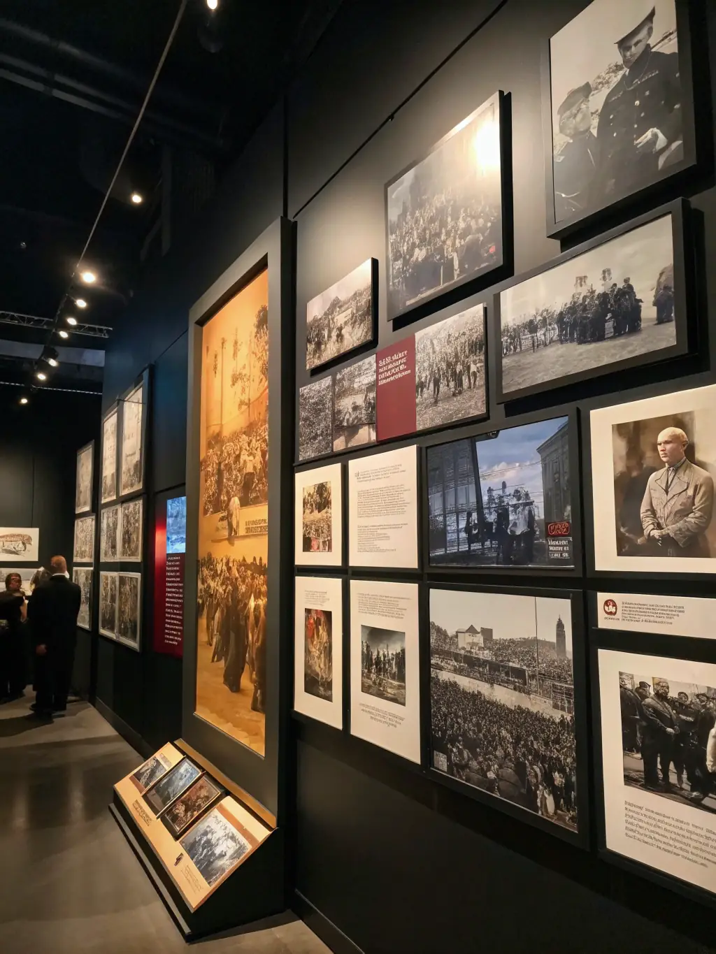 Archival photographs and documents depicting historical firefighting events and the daily lives of firefighters, presented in a chronological timeline.