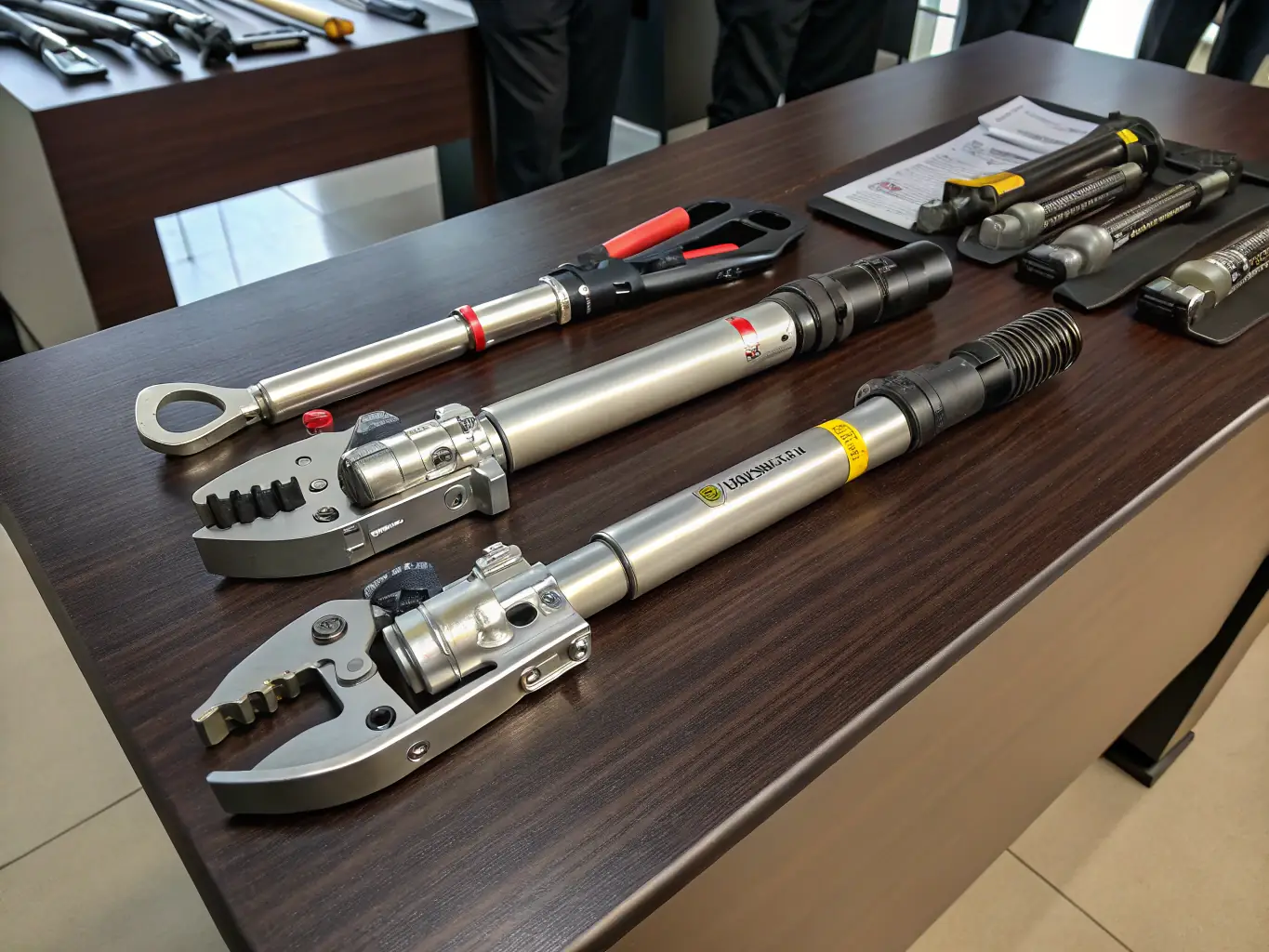 A close-up image of historical firefighting tools, including axes, hoses, and nozzles, arranged on a display table with informational placards in the museum.