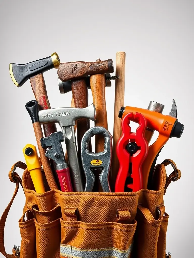 A display of vintage firefighting tools, including axes, hoses, and nozzles, arranged to illustrate their use in combating fires during different eras.
