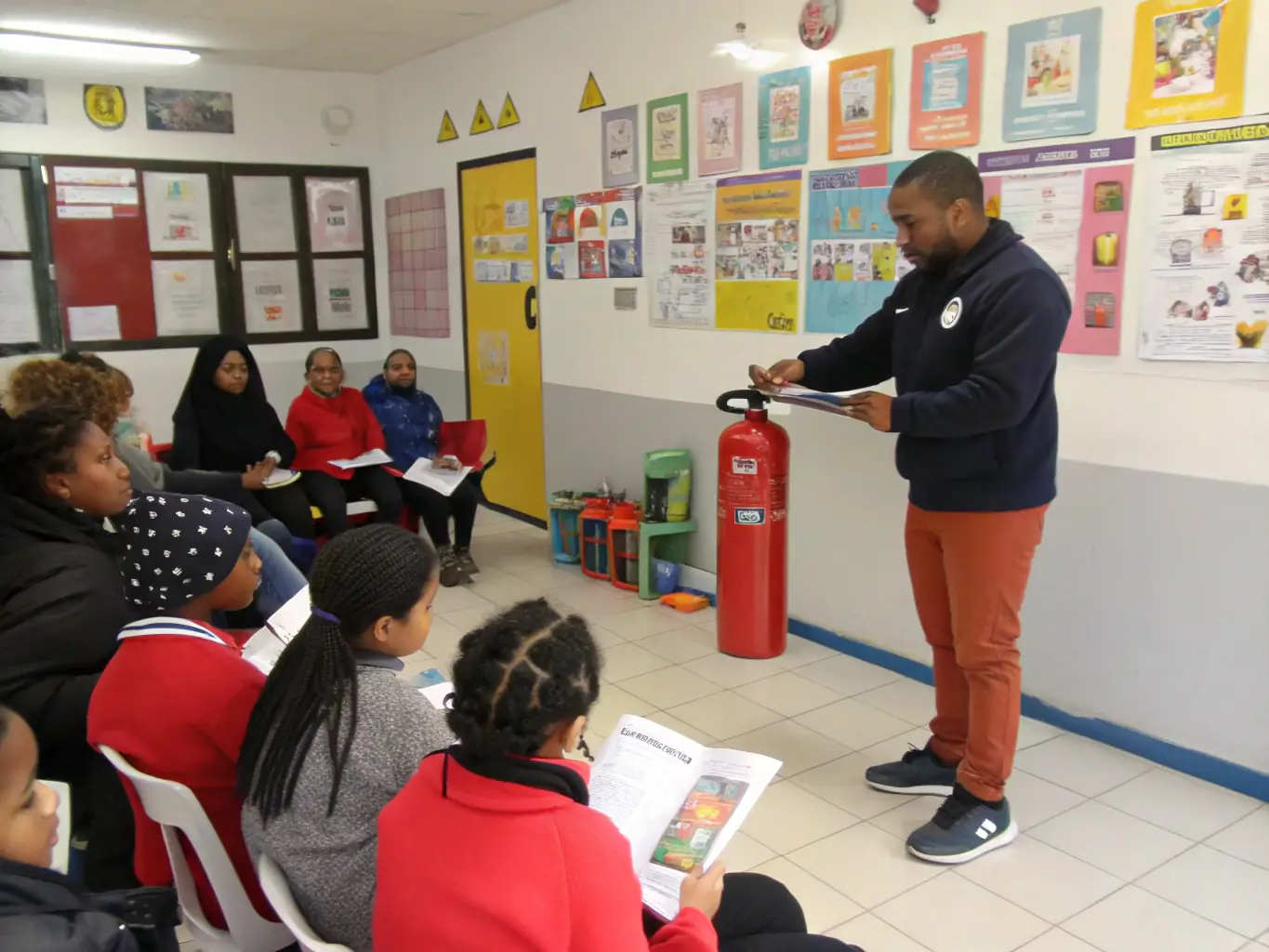 A diverse group of adults and children participating in a fire safety demonstration at the museum, learning about emergency procedures and how to prevent fires, highlighting the museum's role in community education.
