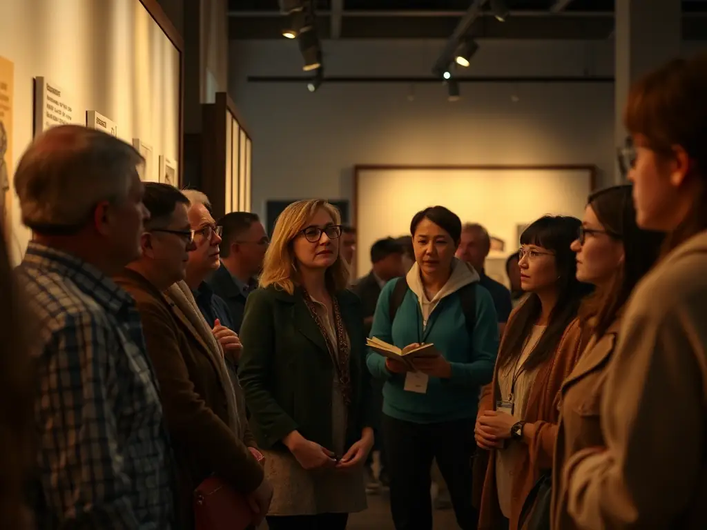 A photograph of a museum educator leading a guided tour for a school group, explaining the history and significance of firefighting equipment and artifacts, emphasizing the educational aspect of the tour.