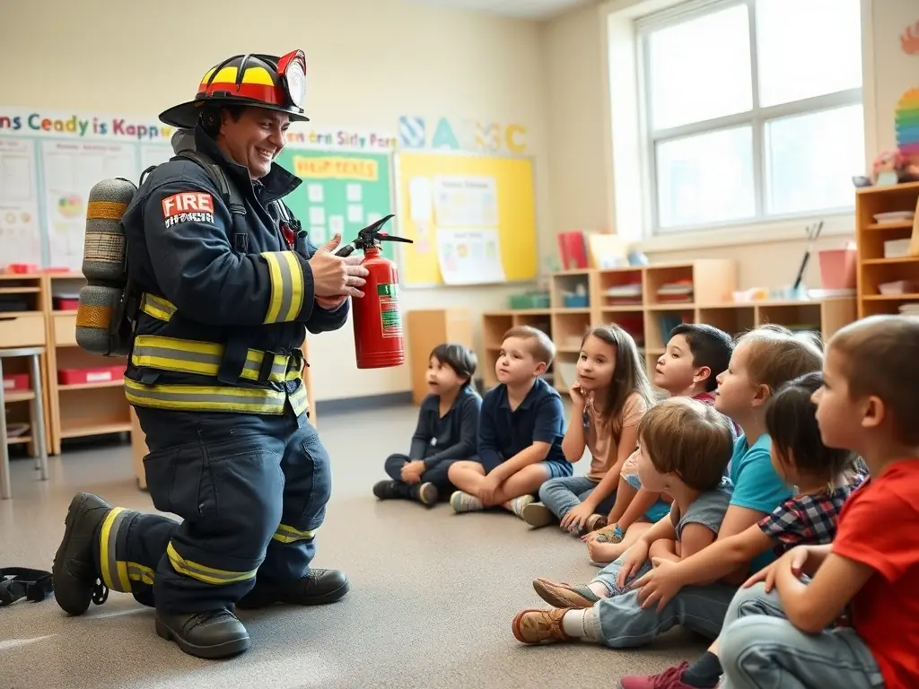 A group of children participating in a hands-on workshop at the fire museum, learning about fire safety and the tools used by firefighters, with a focus on engagement and education.