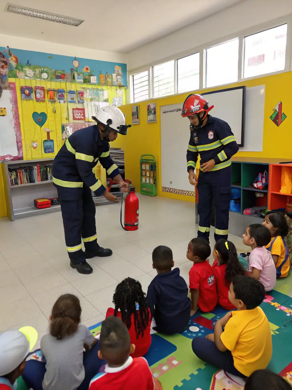 A panoramic view of a MUSEE DES SAPEURS POMPIERS DE COTE D'OR classroom during a fire safety workshop, with children actively participating in a simulated emergency scenario.