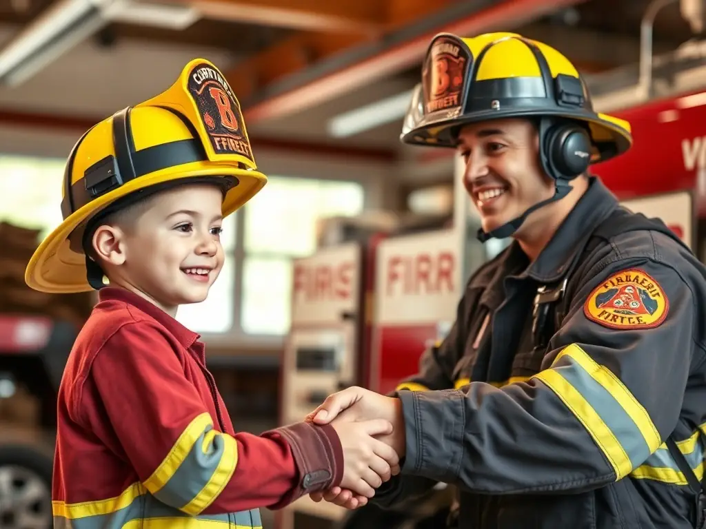 A photograph showcasing children enthusiastically participating in a hands-on workshop, learning about firefighting equipment and techniques at the MUSEE DES SAPEURS POMPIERS DE COTE D'OR.