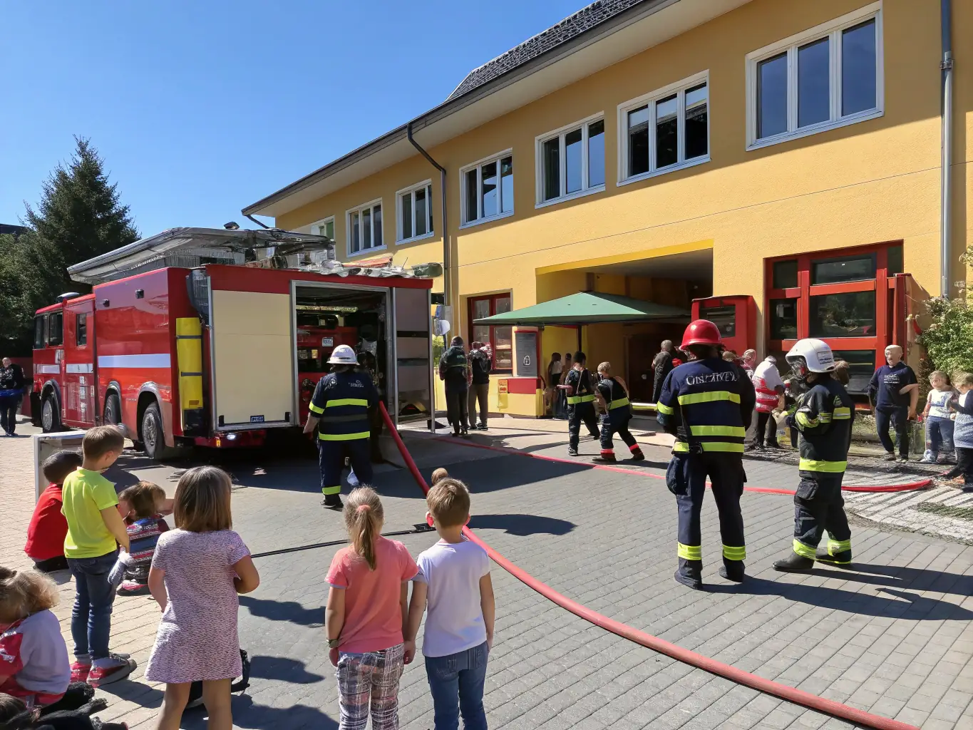 A photograph depicting a community event hosted by the MUSEE DES SAPEURS POMPIERS DE COTE D'OR, featuring vintage fire trucks and interactive displays for families.